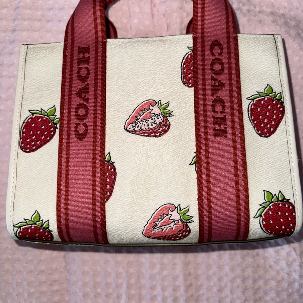 Coach Cream Tote with Pink Strawberry Design